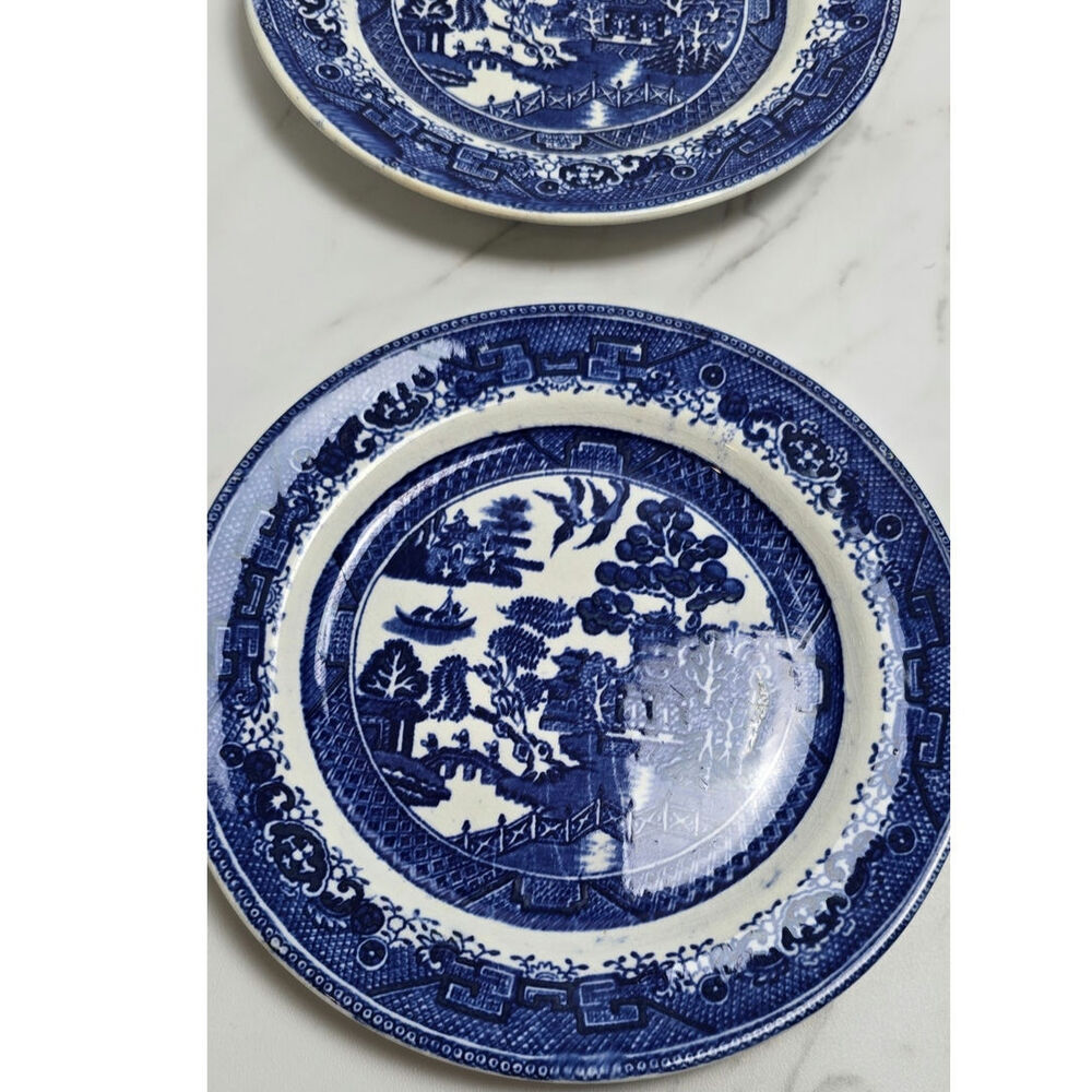 Antique Willow WARE England Blue set of 2 plates flaws see photos - Picture 4 of 11